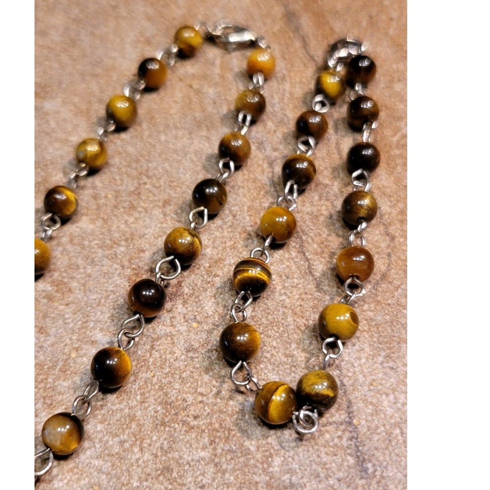 Vintage Tiger Eye Beaded Necklace AND Bracelet Set Sterling Silver Chain 18 Inch